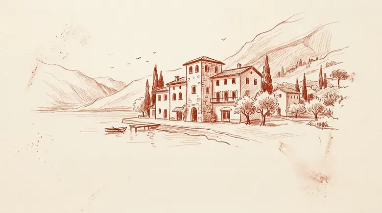Illustrazione di un borgo con hotel affacciato sul Lago di Garda